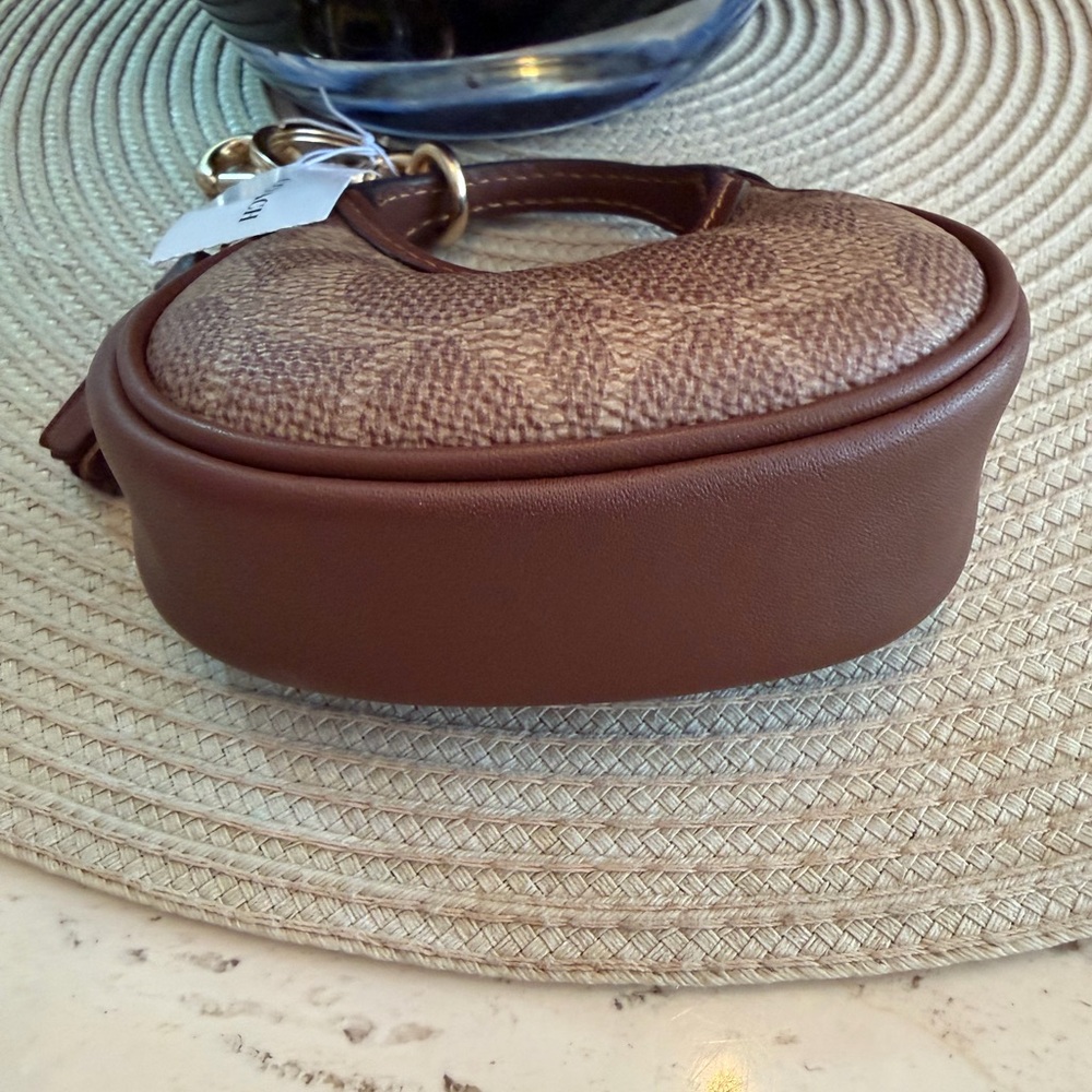 NWT MINI Coach Brown Signature Leather Bag Coin Purse Charm with Key Ring - Picture 9 of 11